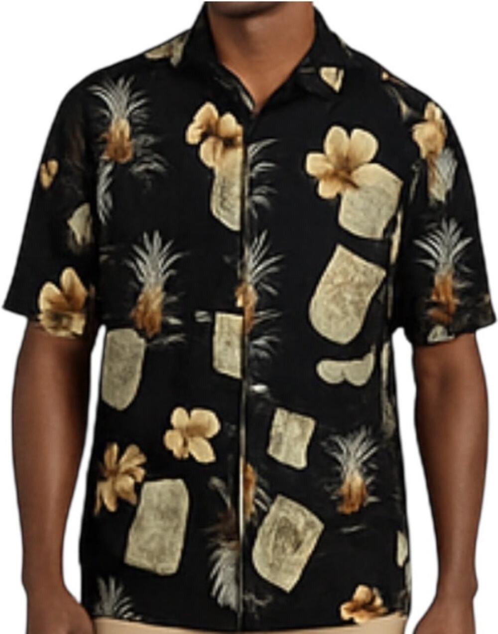 Jamaica Jaxx Silk Camp Shirt Button Down Floral Pineapple 100% Silk Black Medium
